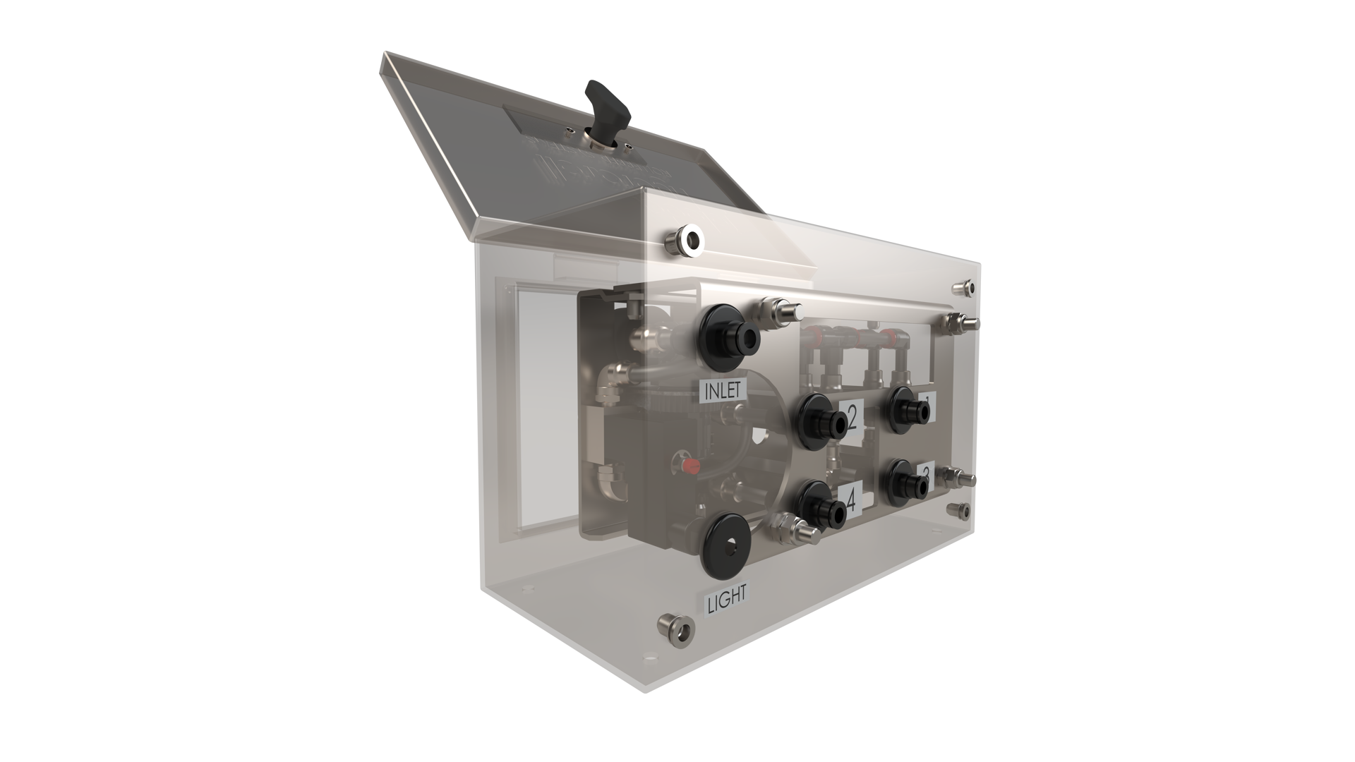 Pneumatic control box with transparent sides with internal components viewable which control a rollertrack loading system